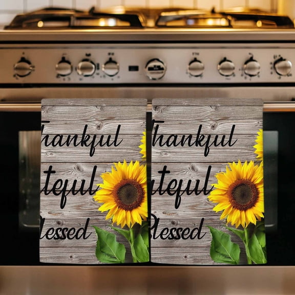 Farm Sunflower Kitchen Towels Set of 2, Positive Floral Vintage Brown Wooden Absorbent Dish Towels for Kitchen, Microfiber Hand Towel, Quick Drying Tea Towel for Cleaning Decorative Dishcloths