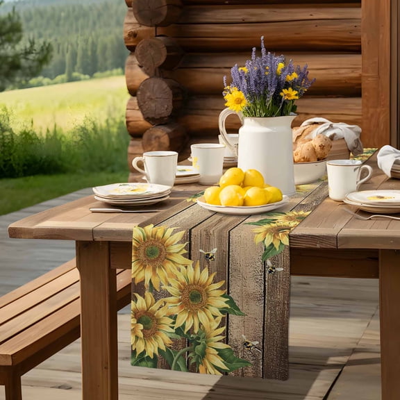 Farm Sunflower Leaves Bee Table Runner 13x70in Non-Slip Cotton Linen Table Runners, Retro Brown Wood Board Dresser Scarves TableRunner for Dinner Kitchen Dining Wedding Party