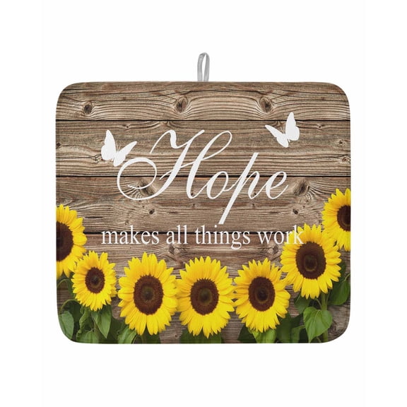 Farm Sunflower Positive Energy Quote Dish Drying Mats for Kitchen Counter,Absorbent Microfiber Dish Drainer Rack Mat Retro Dark Brown Wood Grain Drying Pad for Sinks,Utensils,Countertops,16x18in