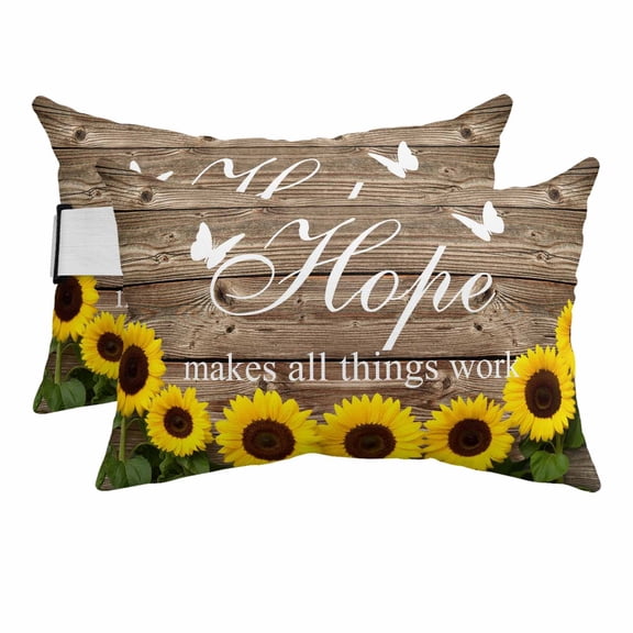 Farm Sunflower Positive Energy Quote Outdoor Pillow for Chaise Lounge Chair,Head Resting&nbsp;Pillow with Insert, Retro Dark Brown Wood Grain Waterproof Lumbar Pillows for Patio,11"x16" 2 Pack