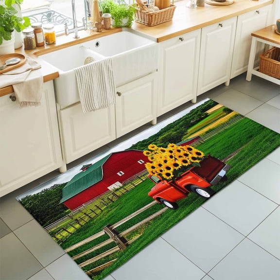 Farm Sunflower on Red Truck Rectangle Area Rug 2x6ft,Living Room Rug Non-Slip Washable Circle Rugs Pad,Watercolor Barn Field Soft Floor Carpet for Bedroom Dining Room