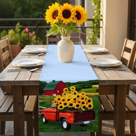 Farm Sunflower on Red Truck Table Runner 36 Inches Long,Kitchen Dining Tablerunners Watercolor Barn Field Linen Table Runners Dresser Scarves for Home Dinner Wedding Holiday Party Decor