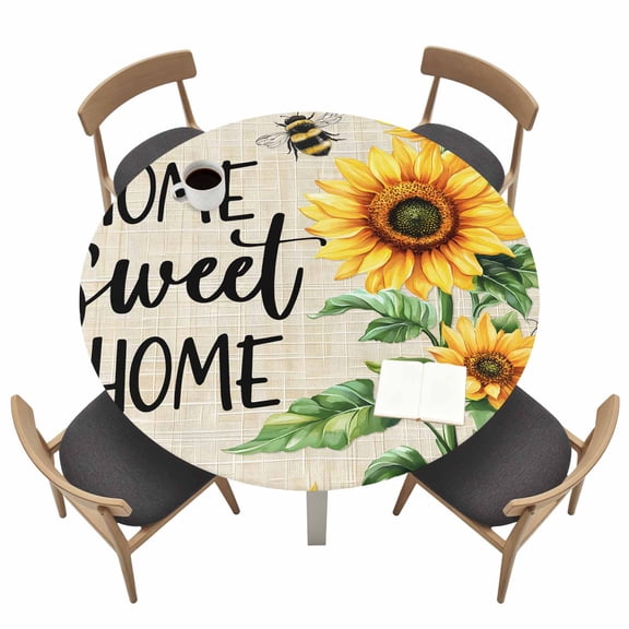 Farm Sunflower Round Fitted Tablecloth with Elastic Edge Bee Home Sweet Home Retro Linen Background Table Cover Fit for 36"-44" Tables Waterproof Tablecloths for Dinner Camping Picnic