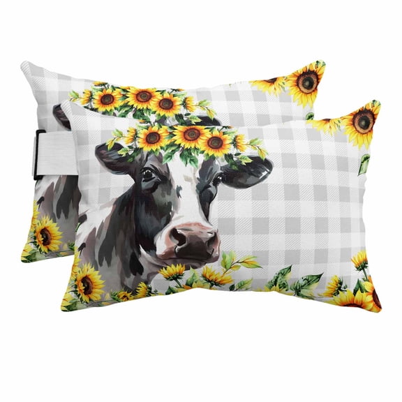 Farm Sunflowers on Cow Outdoor Pillow for Chaise Lounge Chair,Head Resting Pillow with Insert, Country Floral on Plaid Waterproof Lumbar Pillows for Patio Chaise Beach Chair,11"x16" 2 Pack