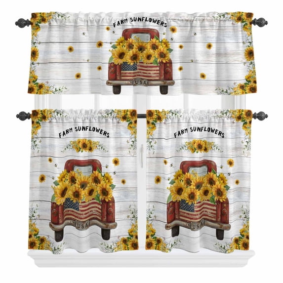 Farm Sunflowers Curtain Valances Set Summer Yellow Floral Leaves Red Truck Wooden Kitchen Curtains 36 inch Length Rod Pocket Valance and Tiers 3 Piece Set Small Bedroom Bathroom Laundry Decor