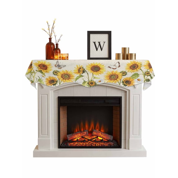 Farm Sunflowers Fireplace Mantel Scarf Cover 70"Wx17"L,Fireplace Mantel Shelf Top Runner,Retro Flowers Butterfly Botanical Beige Mantle Dresser Scarves Table Runner for Holiday Party Living Room