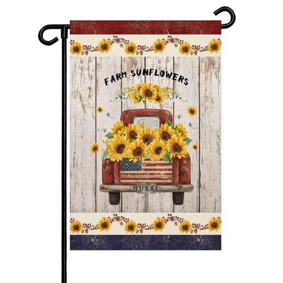 Farm Sunflowers Garden Flag 12x18 Inch Summer Floral Red Truck Vine Fruit Wood Grain Double Sided Small Decorative Garden Flags for Outside, Outdoor Yard Porch Lawn Decoration
