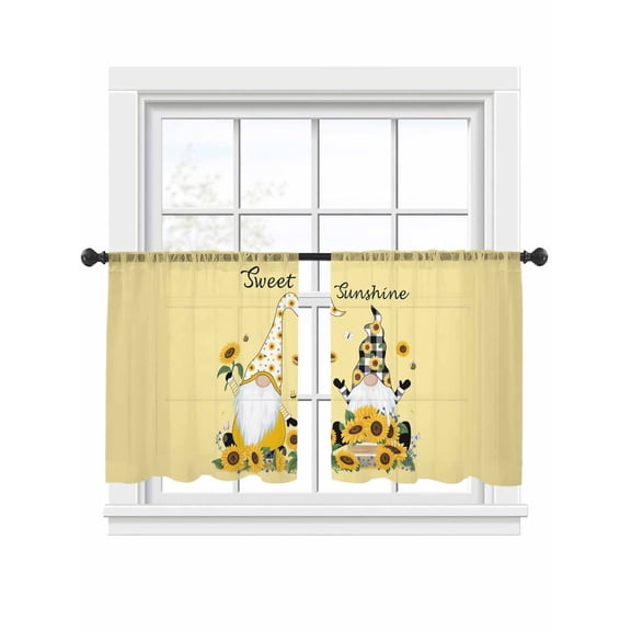 Farm Sunflowers Gnome Sheer Curtains 2 Panels Set Sweet Sunshine Yellow Background Sheer Window Curtains Light Filtering Rod Pocket Voile Drapes for Bedroom Living Room 52"x54"