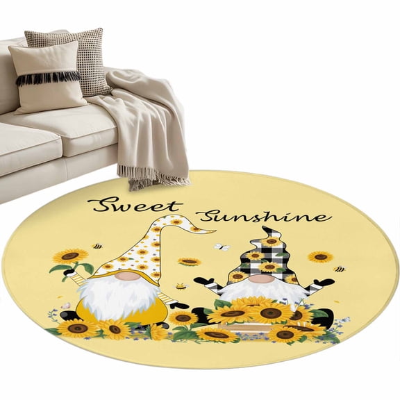 Farm Sunflowers Gnome Washable Round Area Rug 4 ft, Sweet Sunshine Yellow Background, Soft Non Slip Rugs Stain Repellent Indoor Felt Carpet for Living Dining Room Bedroom Home Office