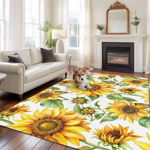 Farm Sunflowers Large Area Rugs 8x10 ft Watercolor Yellow Floral Summer Plant Coutry Washable Rug Non Slip Indoor Carpet Absorbent Floor Mat for Living Room Bedroom Dining Room