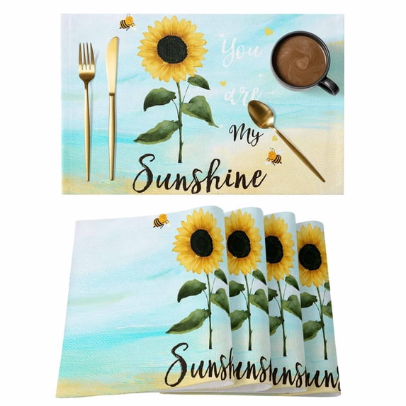 Farm Sunflowers Placemats Set of 8, Idyllic Country Botanical Bee Turquoise Placemats for Dining Table, Place Mats for Kitchen Tabletop, Waterproof Wipeable Dining Table Mats Set