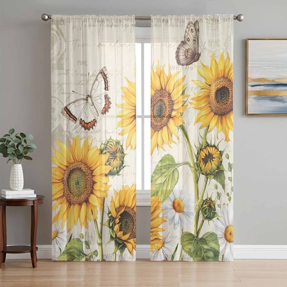 Farm Sunflowers Sheer Curtains 96 Inch Length 2 Panels Set Window Treatments, Retro Flowers Butterfly Botanical Beige Rod Pocket Semi Curtains for Living Room/Bedroom/Kitchen Décor, 104"W x 96"L