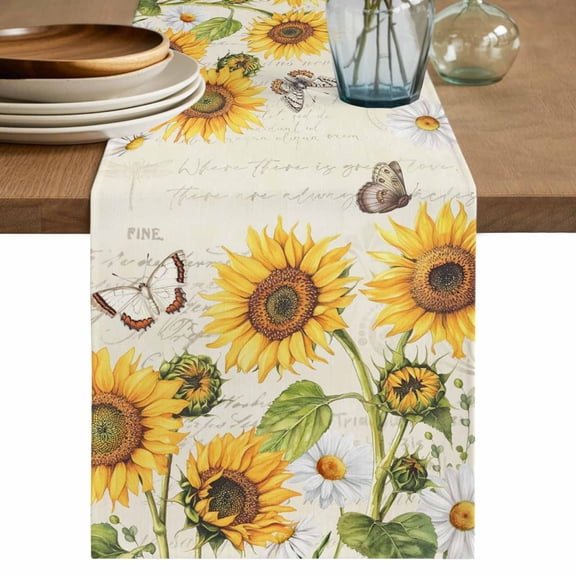 Farm Sunflowers Table Runner, Retro Flowers Butterfly Botanical Beige Washable Cotton Linen Table Runners 36 Inches Long, Dresser Scarf Runner for Nightstand/End Tables/Round Tables 13''x36''