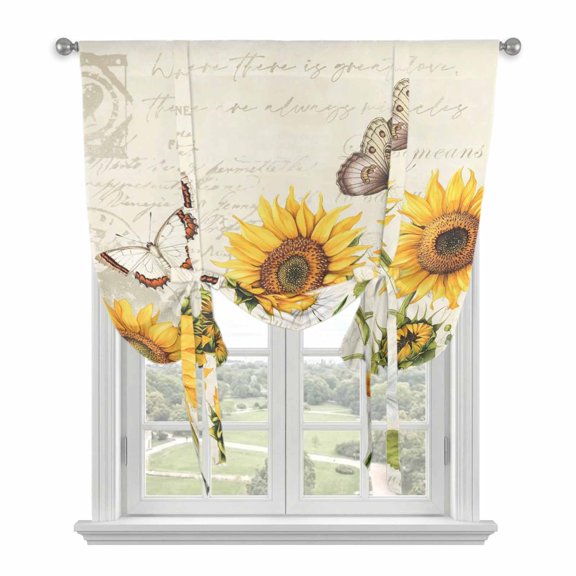 Farm Sunflowers Tie Up Curtains 45 Inches Long, Kitchen Window Curtains Over Sink, Retro Flowers Butterfly Botanical Beige Small Window Curtains Shade Balloon Curtains Valances for Bedroom 34"x45"