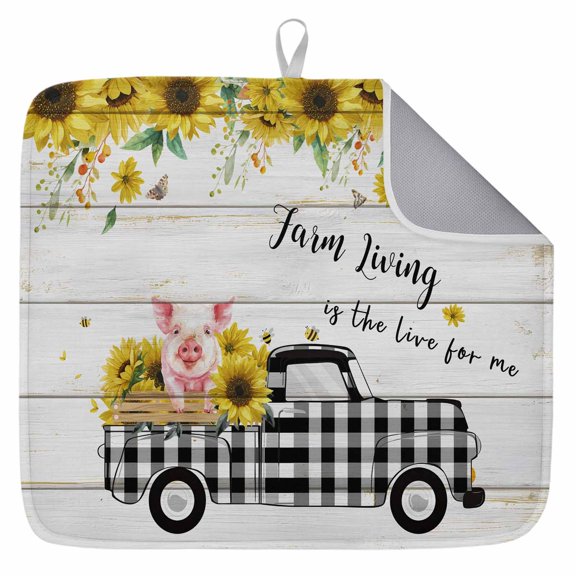 Farm Sunflowers on Top 1 Pack Dish Drying Mat,Absorbent Drying Pad Cute Pig on Black White Plaid Car Microfiber Kitchen Countertop Protector Mats Dish Drainer Rack Mat for Cups Glassware,18x24in
