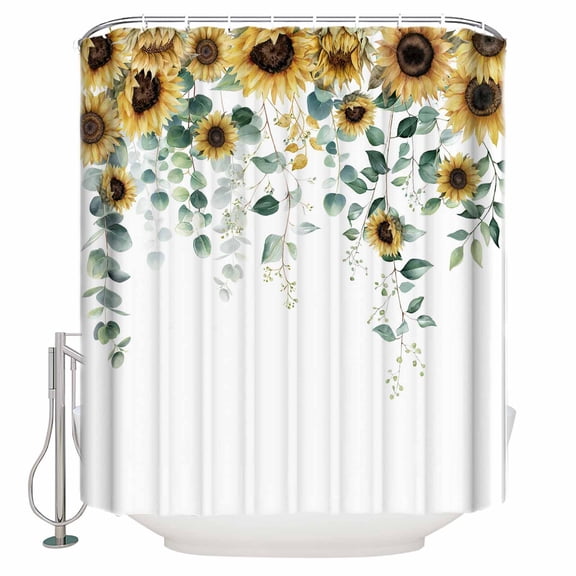 Farm Sunflowers on Top Shower Curtain for Bathroom, Country Watercolor Eucalyptus Leaf Waterproof Shower Curtains Washable Quick Dry with Hooks Bathtub Curtains 60x72 IN
