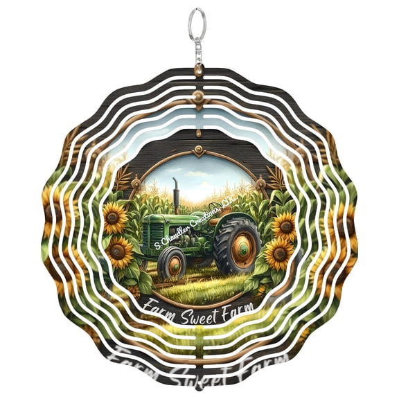 Farm Sweet Farm Green Tractor 3D Wind Spinner, Stainless Steel Decor, Sunflower Country Garden Gift