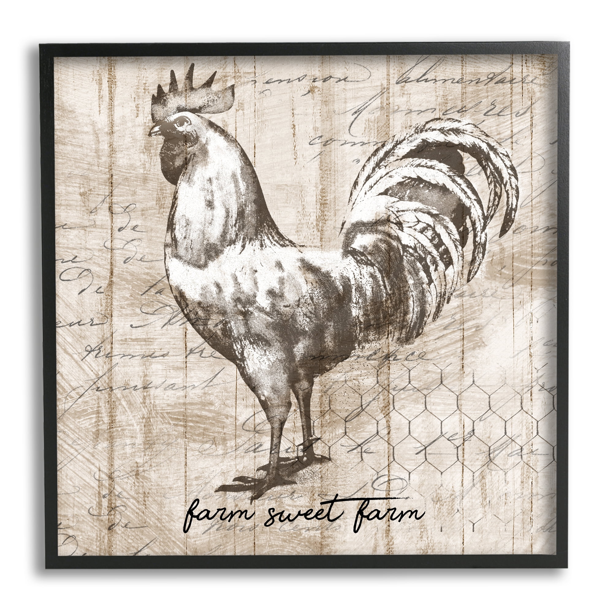 Farm Sweet Farm Phrase Vintage Rooster and Text Animals & Insects Framed Art Print Wall Art, 17x17
