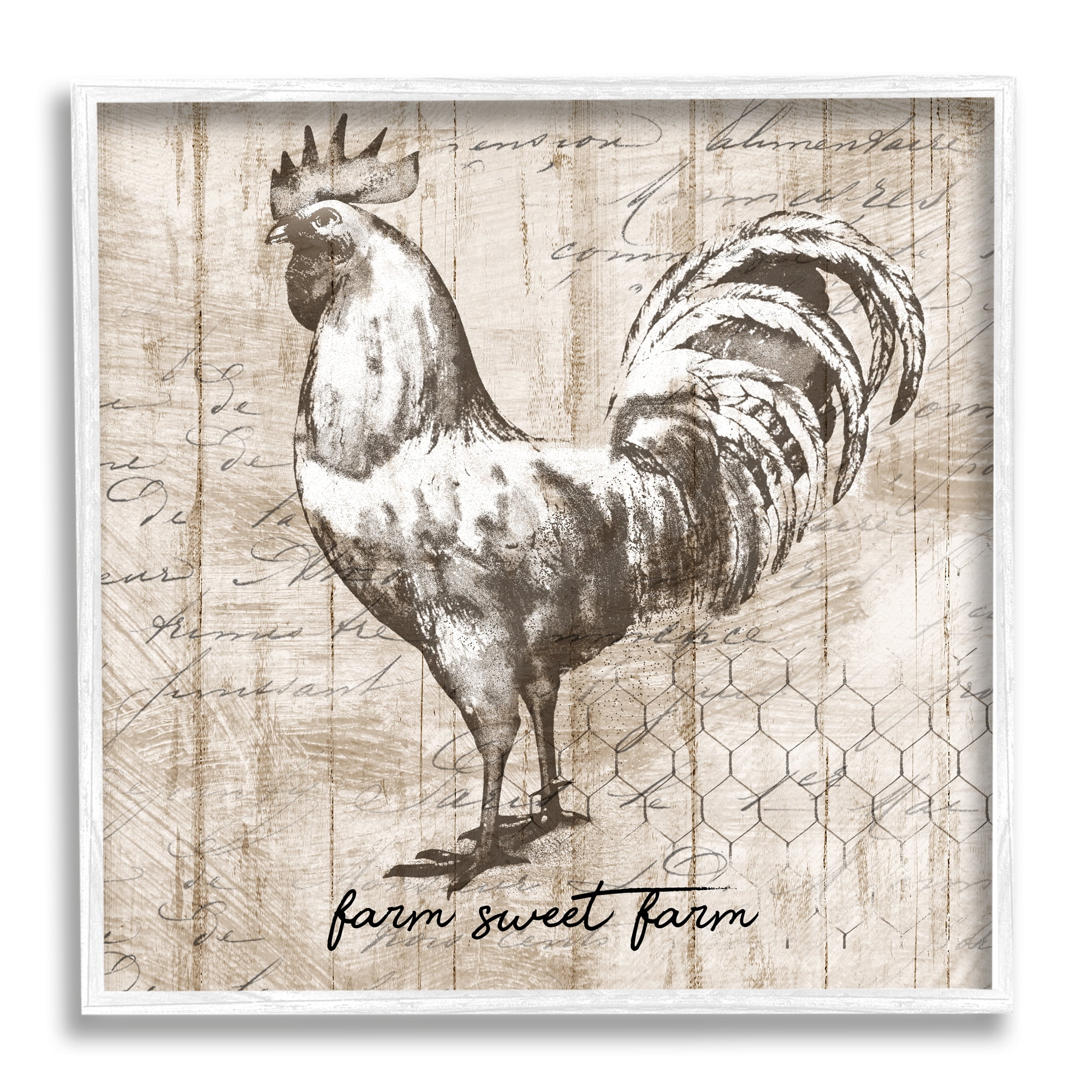 Farm Sweet Farm Phrase Vintage Rooster and Text Animals & Insects Framed Art Print Wall Art, 17x17