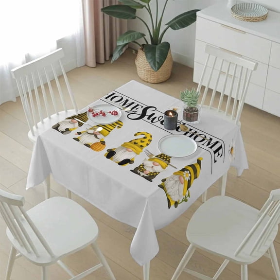 Farm Sweet Home Gnome Table Cloth 60x60in, Waterproof Square Tablecloth Wipeable Tablecloths Daisy Flower Honey Dwarf Table Covers for Dining Tables Party Indoor Outdoor