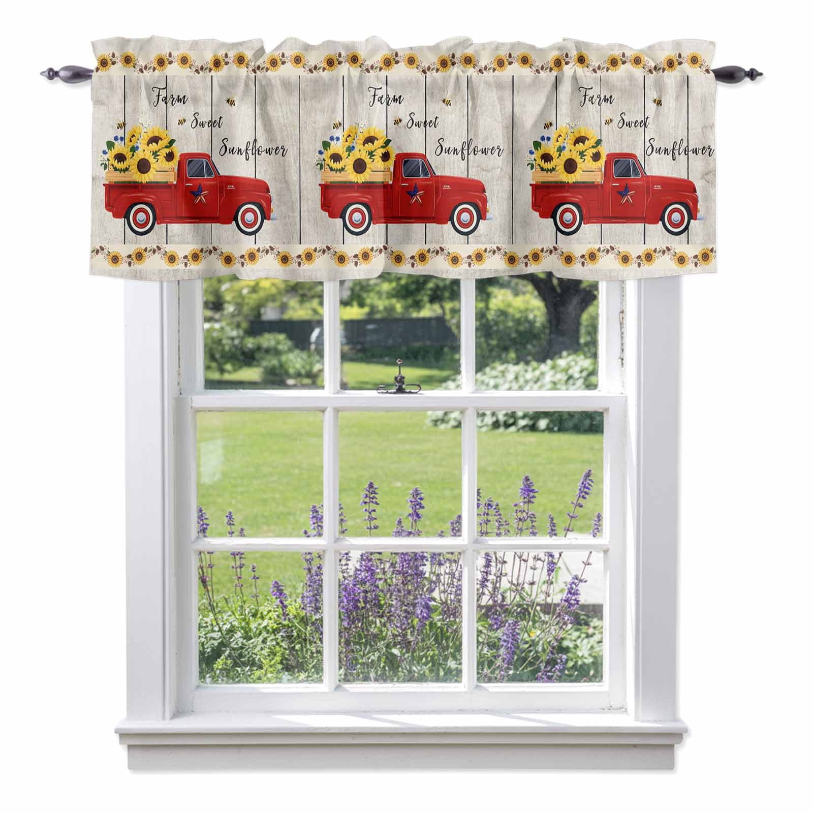Farm Sweet Sunflower Valance Curtain Vintage Us Star Red Truck Bee Wood ...