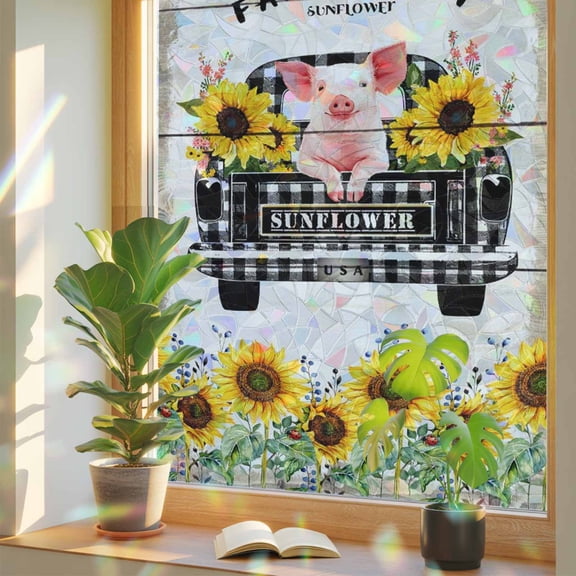 Farm Sweet Sunflower Window Privacy Film, Black Plaid Car with Pig Sunflowers Wooden Stained Glass Rainbow Film Decorative Window Clings, Static Cling Sun Blocking Stickers 17.7" x 39.3"