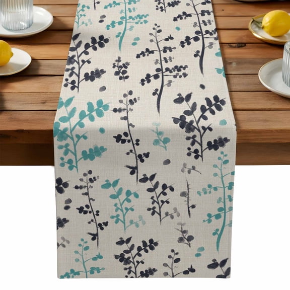 Farm Teal Black Leaves Table Runner, Country Style Floral Leaf Rustic Linen Washable Kitchen Table Runners Dress Scarves for Dining Table Decorations Party, 13x72in