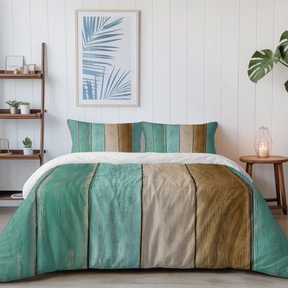 Farm Teal Gradient Wood Board California King Size Bed Set,Brown Plank Bedding for All Seasons,4 Pcs Bed Set with 1 Quiltcover (96"x104"),1 Sheet (110"x98"),2 Pillowcases (20"x36")