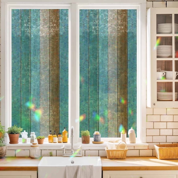 Farm Teal Gradient Wood Board Window Privacy Film,Decorative Windows Static Cling Brown Plank Heat Control Removable Glass Sticker for Home Bathroom Bedroom Window Door,17.7x39.3in
