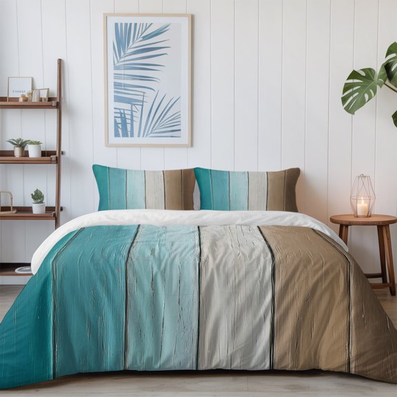 Farm Teal Vintage Wood Board California King Size Bed Set,Brown Gradient Wooden Grain Bedding for All Seasons,4 Pcs Bed Set with 1 Quiltcover (96"x104"),1 Sheet (110"x98"),2 Pillowcases (20"x36")