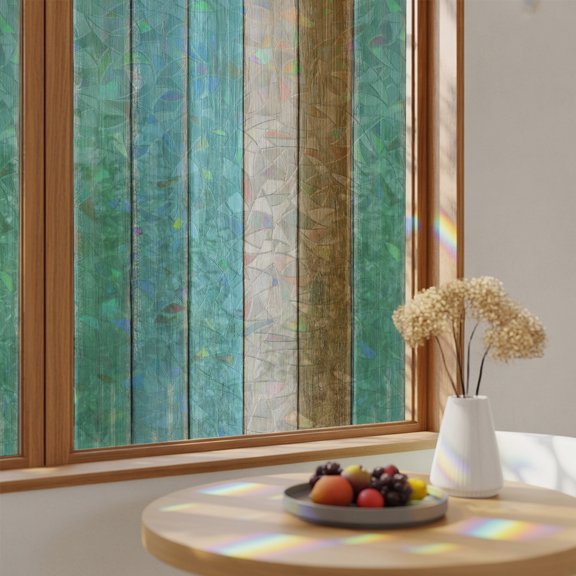 Farm Teal Vintage Wood Board Window Privacy Film,Heat Control Sun Blocking Static Cling Rainbow Film,Brown Wood Grain Non-Adhesive Glass Sticker Door Window Tint,17.7" x 39.3"