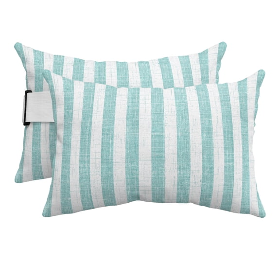 Farm Teal White Stripe Burlap Outdoor Pillow for Chaise Lounge Chair,Rustic Retro Linen Waterproof Headrest Lumbar Pillows with Insert&Elastic Strap for Patio Pool Garden Chairs Decor,2 Pack