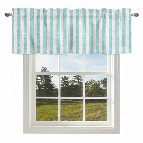 Farm Teal White Stripe Burlap Valances for Windows Rustic Retro Linen Rod Pocket Curtain Valance Window Treatment Short Curtains for Kitchen Living Room,42x12in