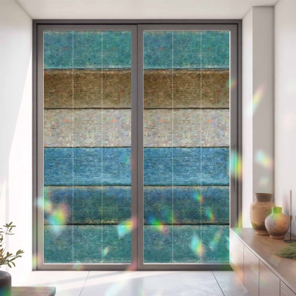 Farm Teal Wood Board Window Privacy Film,Decorative Windows Static Cling Vintage Farmhouse Barn Heat Control Removable Glass Sticker for Home Bathroom Bedroom Window Door,35x79in