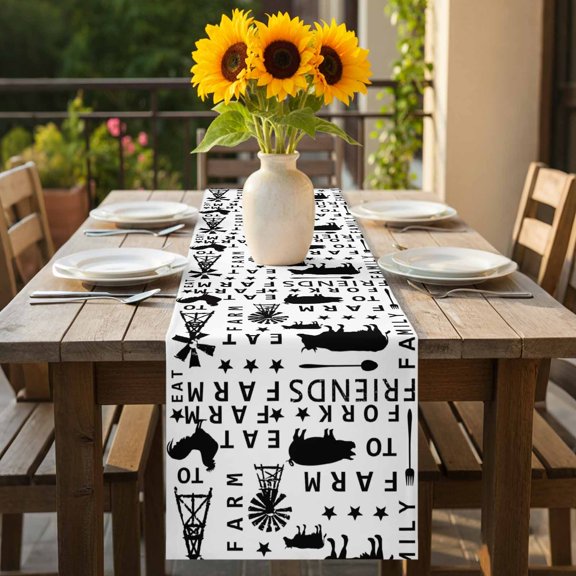 Farm Text Animal Silhouette Table Runner 36 Inches Long,Kitchen Dining Tablerunners Windmill Cow Pig Rooster Black White Linen Table Runners Dresser Scarves for Home Dinner Wedding Holiday Party