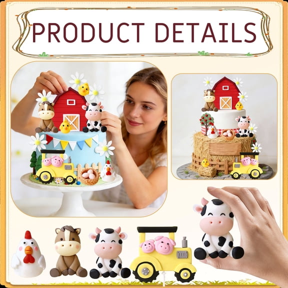Farm Theme Cake Decoration Set - 3D Cartoon Animal & Barn Tractor Decorative Plugins for Themed Parties
