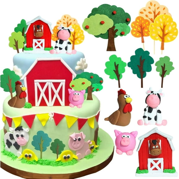 Farm Theme Cake Decoration Topper Set - Creative 3D Scene Combination of Cow, Pig, Chicken, Horse, Barn and Tree Shapes