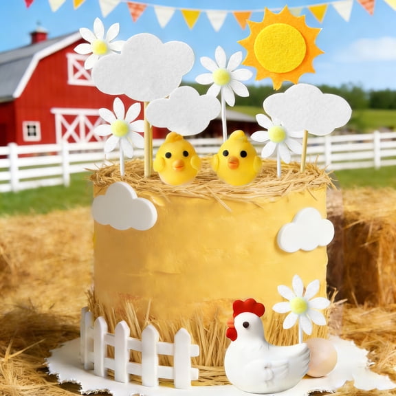 Farm Theme Cake Decorations Set - Cute Chicken Sun Cloud Daisy Party Decorations