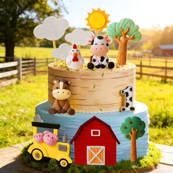 Farm Theme Cake Decorations - Vibrant 3D Farm Scene Set for Rustic Party Decor Kit