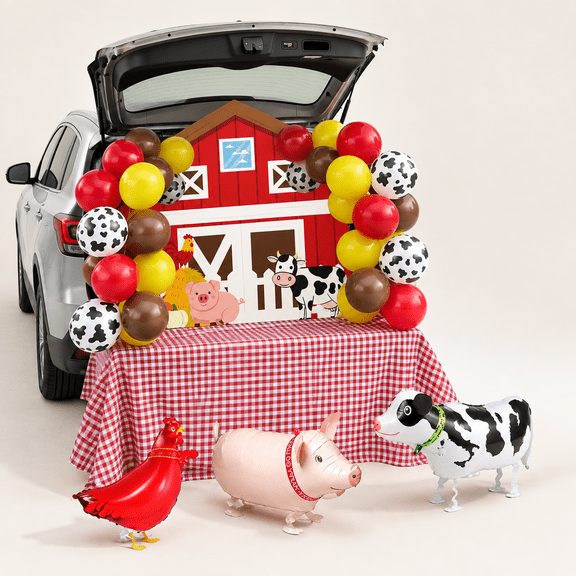 Farm Theme Trunk Or Car Party Decoration Kit With Balloons, Backdrop And Tablecloth