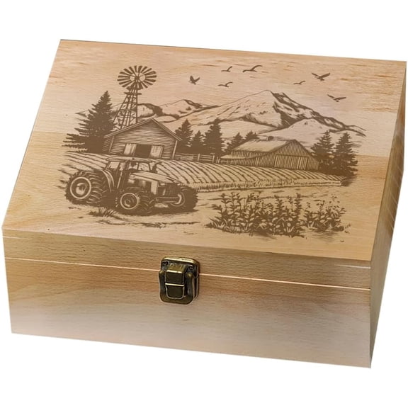 Farm Theme Wooden Memory Keepsake Box Farmhouse Mountains Metal Knot Box with Hinged Lid and Lock Decorative Storage Box Stash Box for Photo Letter Souvenir Jewelry 7.6x9.6x4inch DIY