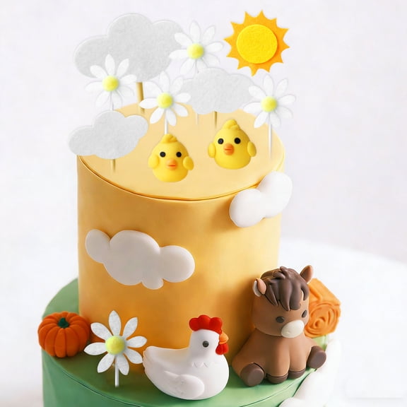 Farm-Themed Cake Decoration Set - Cute Chicks Sunshine Clouds and Daisies Suitable for Birthday Parties and Cake Decorating