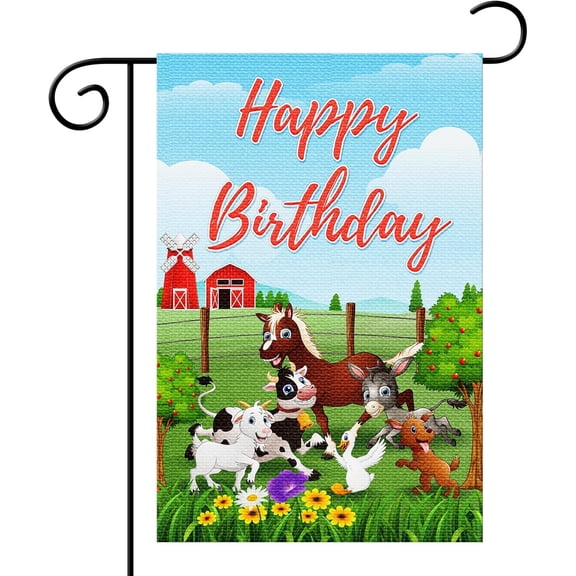 Farm Themed Happy Birthday Garden Flag, Boy Girl Birthday Party Farmhouse Yard Flag Baby Shower Party Outdoor Indoor Decor Rustic Country Lawn Decoration 12 x 18inch