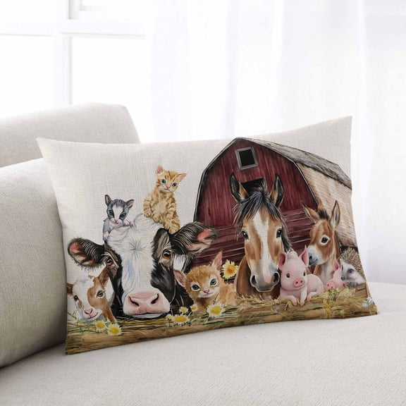 Farm Throw Pillow Covers Barn Horse Sheep Cat Animal Country Retro Linen Background Decorative Lumbar Pillow Cover Rectangle Cushion Case for Sofa Couch Bed Living Room Bedroom 20 X 26 Inches