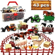Farm Toy Playset 40Pcs with 3 Tractors, Animal Figures & Fence, Farmer Vehicle Set for Toddlers Ages 3+