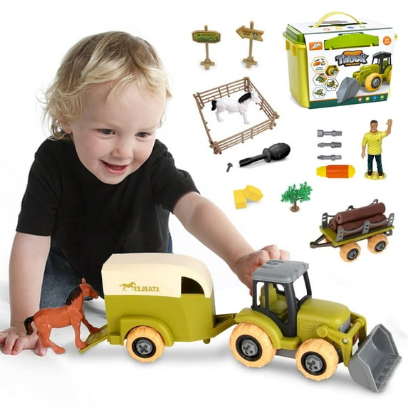Farm Vehicles Playset, DIY Take-Apart Truck, Trailer, Farm Animals, Horse, Lamb Figurines, Screwdriver