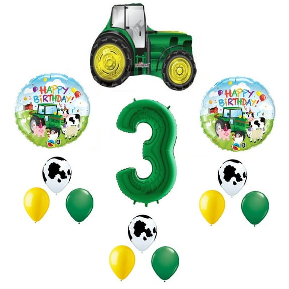 Farm Tractor 13 Piece #3 3rd Green Yellow Happy Birthday Balloon Bouquet Party Decoration