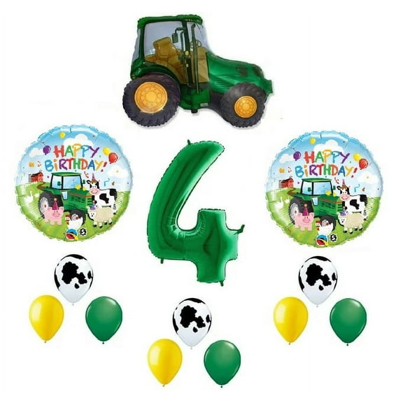 Farm Tractor 13 Piece #4 4th Green Tan Happy Birthday Balloon Bouquet Party Decoration