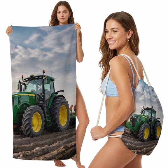 Farm Tractor 2-in-1 Beach Towel Backpack,Quick Dry Beach Towel Blanket Bag,Green Truck Country Rustic Field Harvester Portable Bath Pool Yoga Swim Picnic Travel Camping Towels 27.6x55 Inches