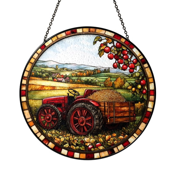 Farm Tractor Autumn Scene Stained Glass Style Window Art